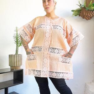 PINTUCKED 70’s 70s Vintage PEACH LACE MEXICAN Tunic Swim Cover Top Blouse Xl XXL